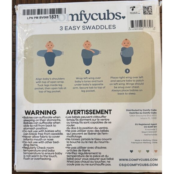 Comfy Cubs 3-Pack Easy Swaddles Large 3-6 Months 14-18 Lbs 100% Cotton - Picture 4 of 5